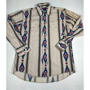 Wrangler Men M Aztec Western Pearl Snap Shirt Retro Southwestern Pique Cotton